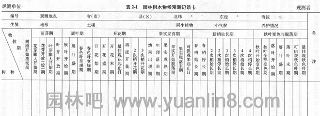 园林树木物候观测记录卡